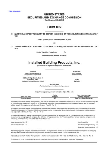 Thumbnail Installed Building Products 10-Q Quarterly Report FY2019 