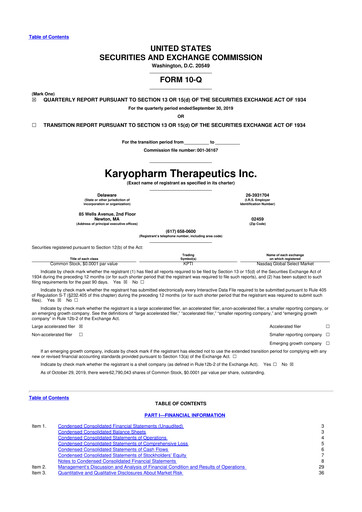 Thumbnail Karyopharm Therapeutics
 10-Q Quarterly Report FY2019 