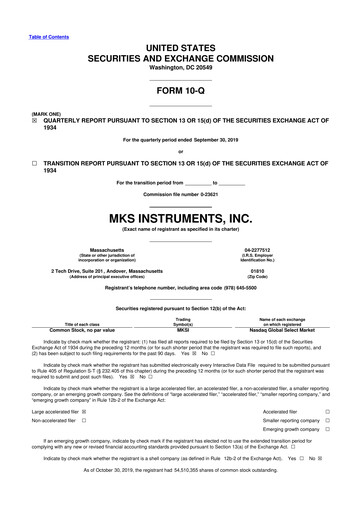Thumbnail MKS Instruments 10-Q Quarterly Report FY2019 