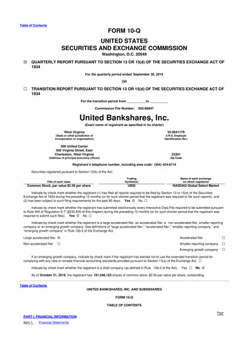 Thumbnail United Bankshares 10-Q Quarterly Report FY2019 