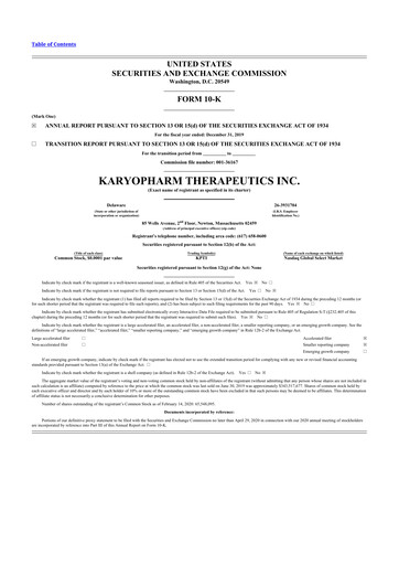 Thumbnail Karyopharm Therapeutics
 10-K Annual Report 2019