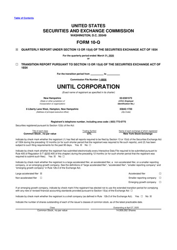 Miniature Unitil Corporation
 10-Q Rapport trimestriel 2020 