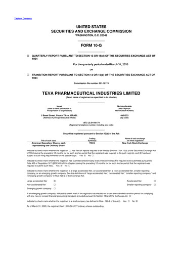 Thumbnail Teva Pharmaceutical Industries 10-Q Quarterly Report FY2020 