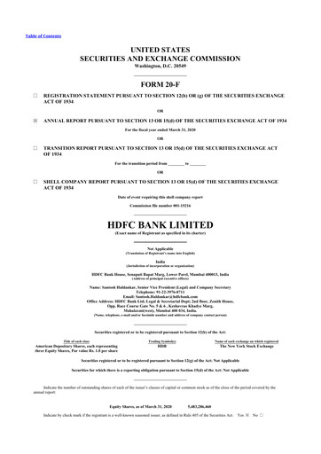 Miniature HDFC Bank 20-F Rapport annuel 2020