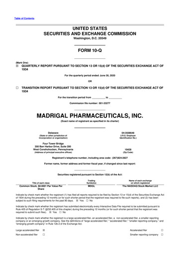 Thumbnail Madrigal Pharmaceuticals
 10-Q Quarterly Report FY2020 