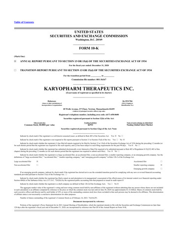 Thumbnail Karyopharm Therapeutics
 10-K Annual Report 2020