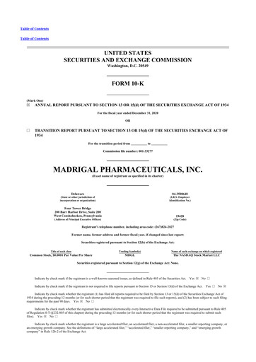 Vorschaubild Madrigal Pharmaceuticals
 10-K Jahresbericht 2020