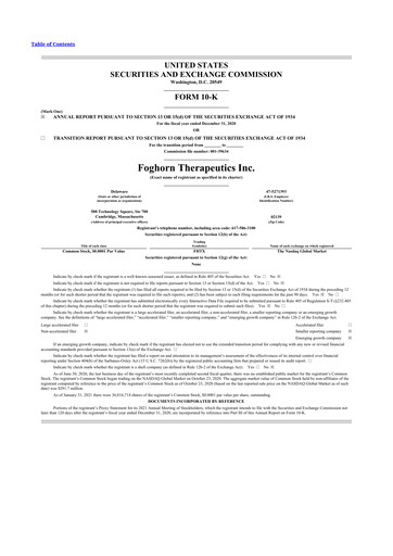 Miniature Foghorn Therapeutics 10-K Rapport annuel 2020