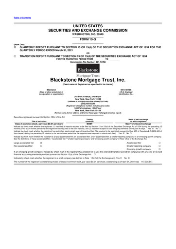 Miniature Blackstone Mortgage Trust
 10-Q Rapport trimestriel 2021 