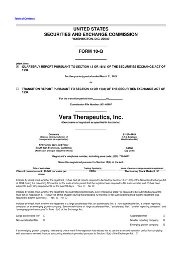 Miniature Vera Therapeutics 10-Q Rapport trimestriel 2021 