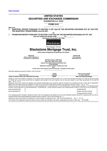 Miniature Blackstone Mortgage Trust
 10-Q Rapport trimestriel 2021 