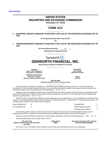 Thumbnail Genworth Financial
 10-Q Quarterly Report FY2021 