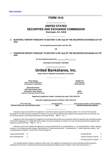 Thumbnail United Bankshares 10-Q Quarterly Report FY2021 