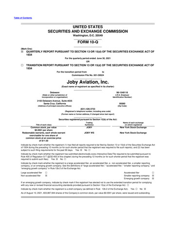Thumbnail Joby Aviation 10-Q Quarterly Report FY2021 