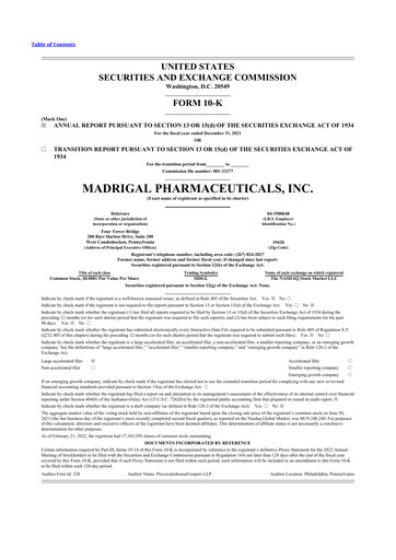 Vorschaubild Madrigal Pharmaceuticals
 10-K Jahresbericht 2021