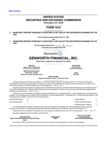 Thumbnail Genworth Financial
 10-Q Quarterly Report FY2022 