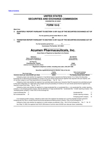 Miniature Acumen Pharmaceuticals 10-Q Rapport trimestriel 2022 