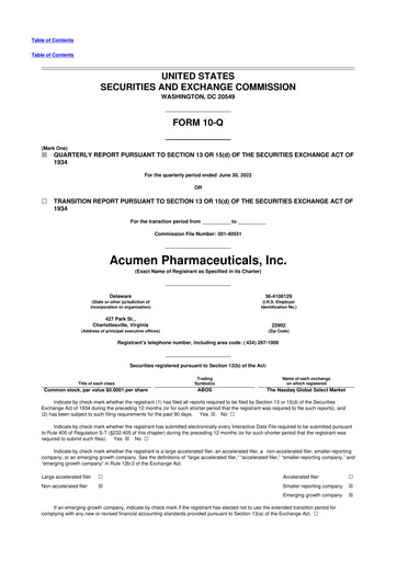 Miniature Acumen Pharmaceuticals 10-Q Rapport trimestriel 2022 
