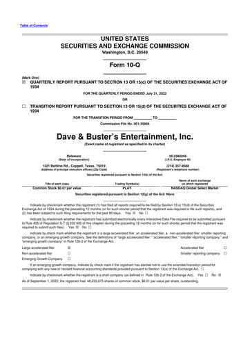 Miniature Dave & Buster's
 10-Q Rapport trimestriel 2022 