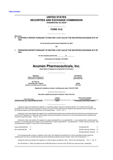 Miniature Acumen Pharmaceuticals 10-Q Rapport trimestriel 2022 