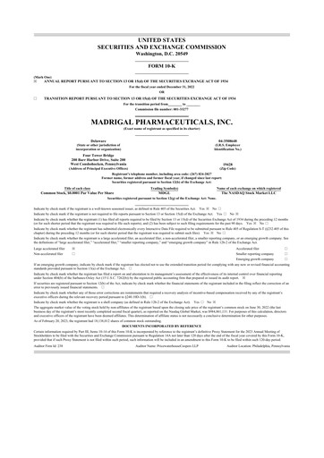 Vorschaubild Madrigal Pharmaceuticals
 10-K Jahresbericht 2022