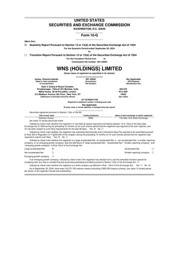 Miniature WNS 10-Q Rapport trimestriel  