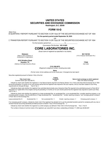 Thumbnail Core Laboratories
 10-Q Quarterly Report FY2025 