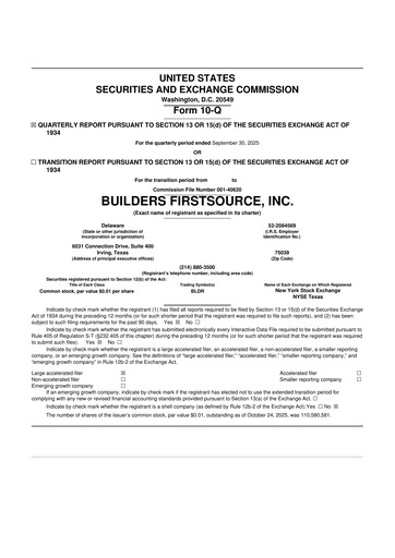 Thumbnail Builders FirstSource
 10-Q Quarterly Report FY2025 