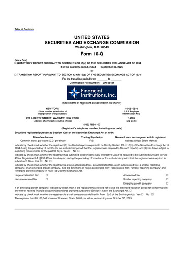 Thumbnail Financial Institutions 10-Q Quarterly Report FY 