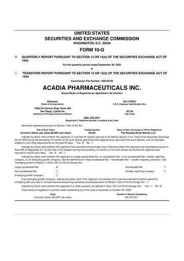 Thumbnail ACADIA Pharmaceuticals 10-Q Quarterly Report FY2025 