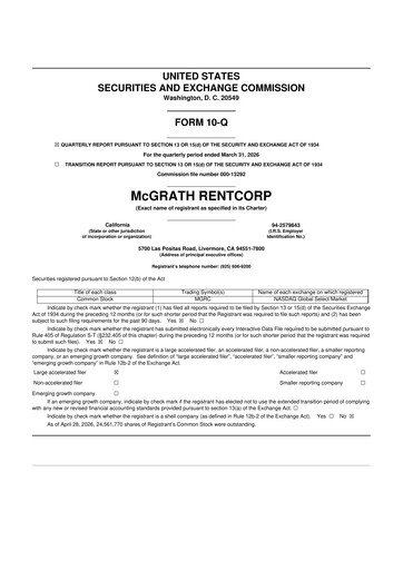 Thumbnail McGrath RentCorp
 10-Q Quarterly Report FY 