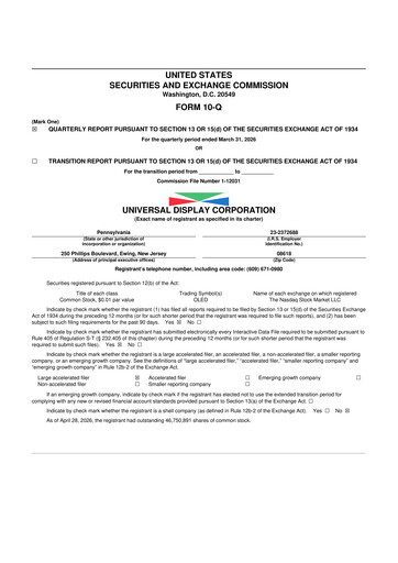 Thumbnail Universal Display Corporation
 10-Q Quarterly Report FY 