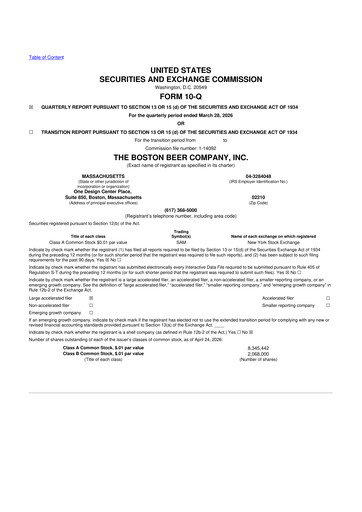 Thumbnail Boston Beer Company 10-Q Quarterly Report FY 