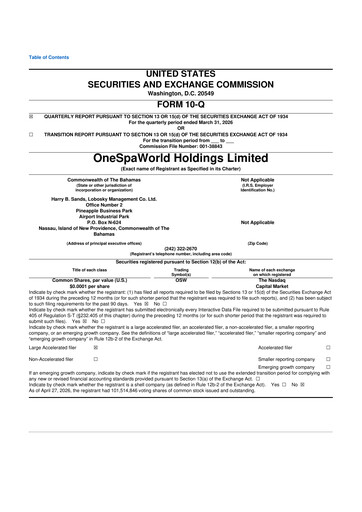 Thumbnail OneSpaWorld 10-Q Quarterly Report FY2026 