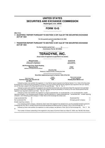 Thumbnail Teradyne 10-Q Quarterly Report FY 