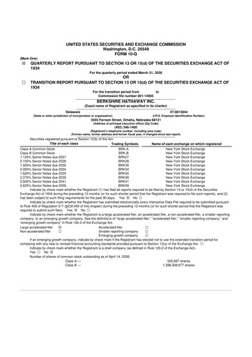 Thumbnail Berkshire Hathaway  10-Q Quarterly Report FY 