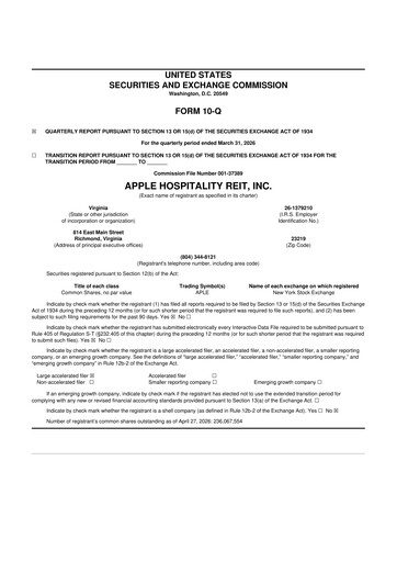 Thumbnail Apple Hospitality REIT
 10-Q Quarterly Report FY 
