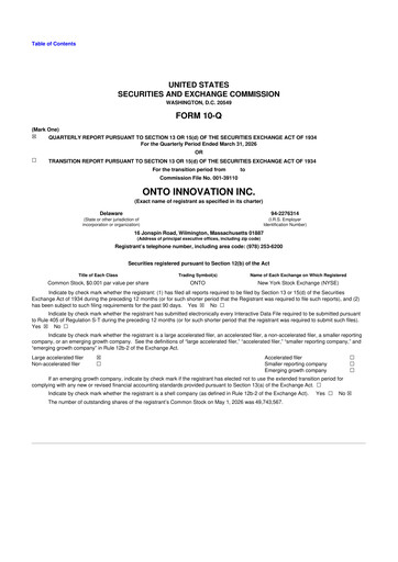 Miniature Onto Innovation 10-Q Rapport trimestriel  
