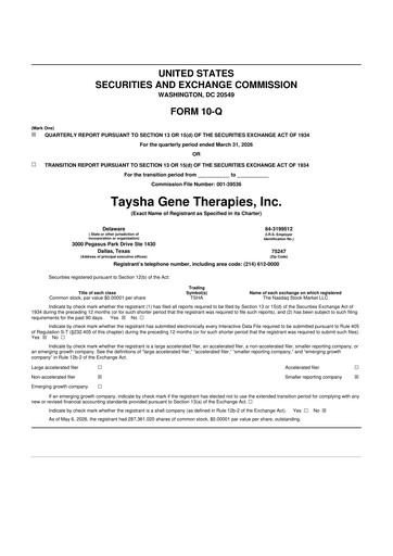 Thumbnail Taysha Gene Therapies 10-Q Quarterly Report FY2026 
