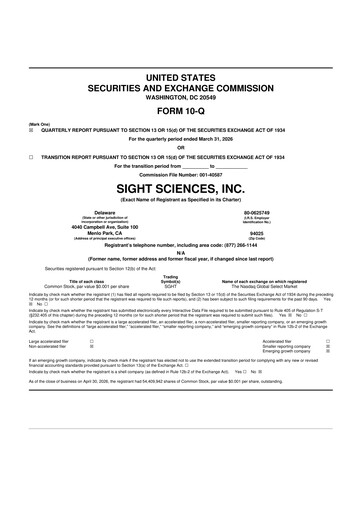 Vorschaubild Sight Sciences 10-Q Quartalsbericht  