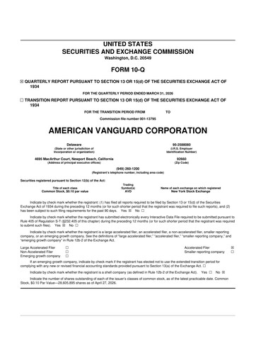 Thumbnail American Vanguard 10-Q Quarterly Report FY 