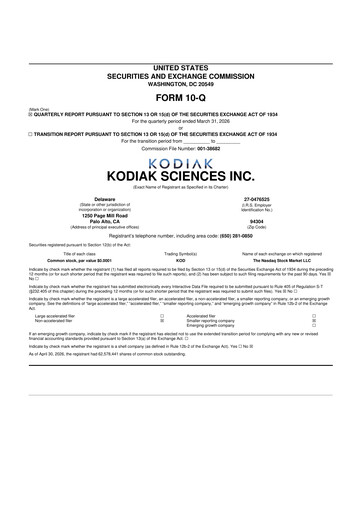 Miniature Kodiak Sciences
 10-Q Rapport trimestriel  
