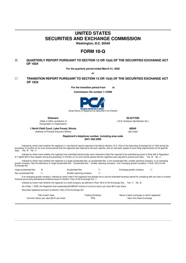 Thumbnail Packaging Corporation of America
 10-Q Quarterly Report FY 