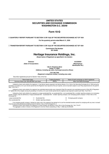 Miniature Heritage Insurance 10-Q Rapport trimestriel  