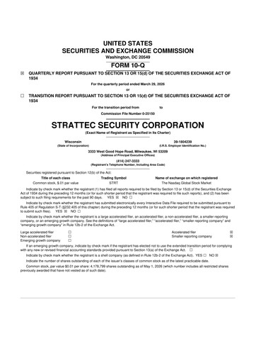 Thumbnail Strattec Security 10-Q Quarterly Report FY 