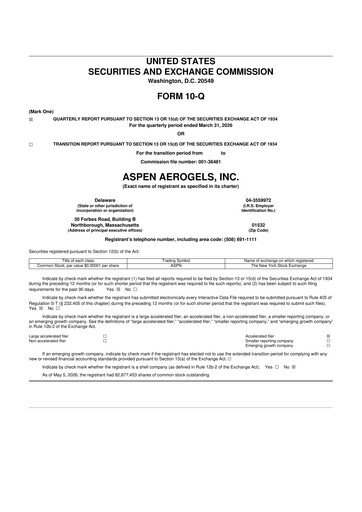 Miniature Aspen Aerogels 10-Q Rapport trimestriel  
