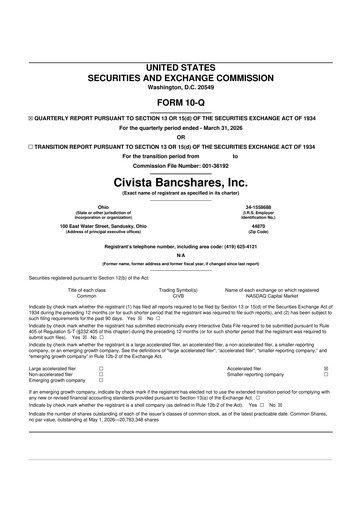Thumbnail Civista Bancshares
 10-Q Quarterly Report FY 