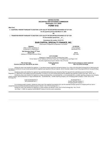 Thumbnail Bain Capital Specialty Finance
 10-Q Quarterly Report FY 