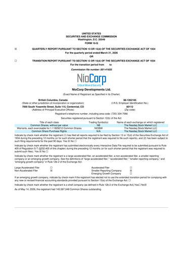 Thumbnail NioCorp Developments 10-Q Quarterly Report FY 