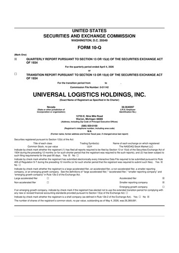 Thumbnail Universal Logistics Holdings 10-Q Quarterly Report FY 